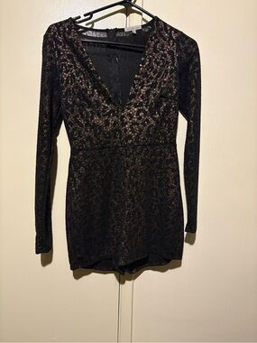 Black and Bronze Brown Long-Sleeve Leopard Print Romper - MEDIUM